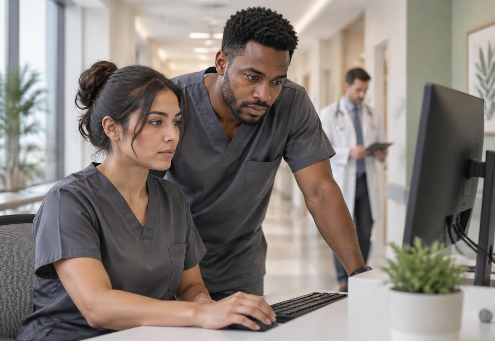 Medical scribes collaborating in a clinical setting